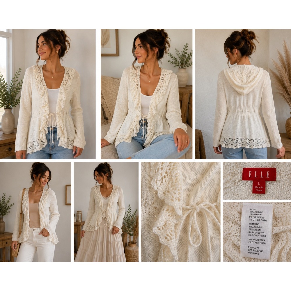 Elle Cardigan Womens L Ivory Hooded Tie Front Metallic Shimmer Lace Knit Boho